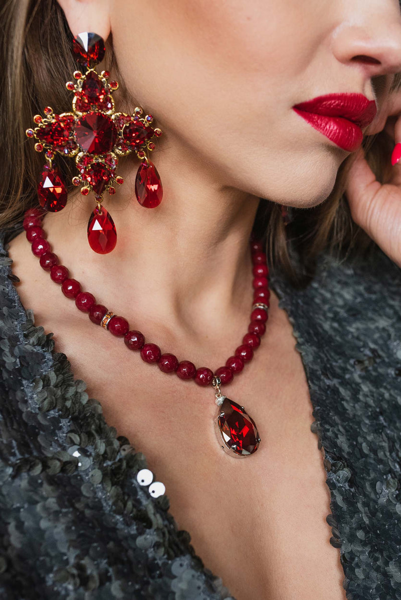 Luxury 24‑carat gold‑plated red crystal statement earrings with high‑precision Austrian crystals — bold contrast, vibrant tones, quiet elegance, refined feminine strength; perfect for weddings, evening events, party outfits, and elevated night‑out looks; handcrafted one‑of‑a‑kind jewelry by SILDARE Jewelry