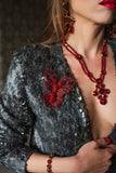 Luxury gold‑tone red crystal statement necklace with high‑precision Austrian crystals — bold contrast, vibrant red tones, quiet elegance, refined feminine strength; perfect for weddings, evening events, party outfits, and elevated night‑out looks; handcrafted one‑of‑a‑kind jewelry by SILDARE Jewelry