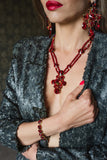 Luxury 24‑carat gold‑plated red crystal statement earrings with high‑precision Austrian crystals — bold contrast, vibrant tones, quiet elegance, refined feminine strength; perfect for weddings, evening events, party outfits, and elevated night‑out looks; handcrafted one‑of‑a‑kind jewelry by SILDARE Jewelry