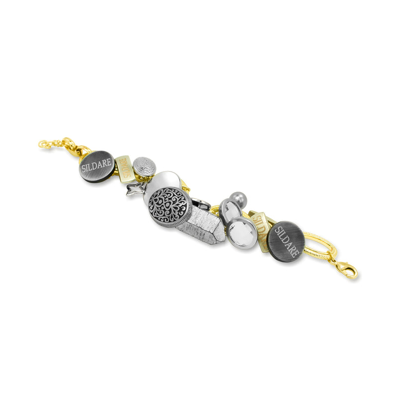 Luxury gold‑tone gray rock crystal statement bracelet with natural gemstones — bold contrast, smoky tones, quiet elegance, refined feminine strength; perfect for weddings, evening events, party outfits, and elevated night‑out looks; handcrafted one‑of‑a‑kind jewelry by SILDARE Jewelry