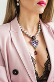 Silver pearl crystal necklace with a sculptural central motif, worn for elegant evening looks and refined occasions; handcrafted one‑of‑a‑kind jewelry by SILDARE Jewelry.