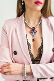 Silver pearl crystal necklace with a sculptural central motif, worn for elegant evening looks and refined occasions; handcrafted one‑of‑a‑kind jewelry by SILDARE Jewelry.