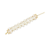 A gold-plated multi-strand pearl bracelet with a lobster clasp and extension chain, shown on a plain white background.