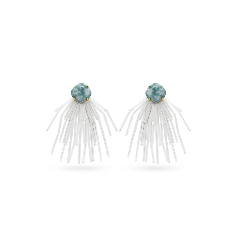 SILDARE Jewelry white bugle bead fan earrings with marbled blue‑green stone — luxury one‑of‑a‑kind fine women’s jewelry.