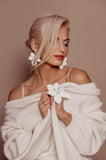 SILDARE Jewelry white floral statement ring with sculptural petals, iridescent crystal accents and gold‑tone band — perfect for weddings, special events, fine‑dining evenings and luxury galas; handcrafted one‑of‑a‑kind design.