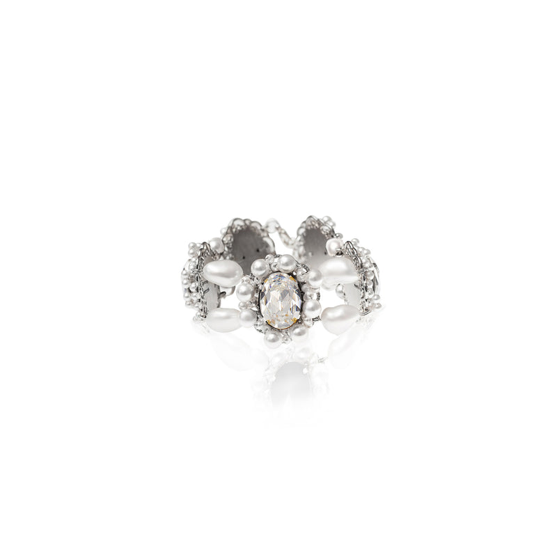 Luxury silver‑tone crystal statement bracelet with high‑precision Austrian crystals, natural baroque pearls, and adjustable fit — perfect for evening elegance, weddings, and refined classic old‑money style; handcrafted one‑of‑a‑kind jewelry by SILDARE Jewelry