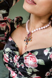 Luxury gold‑plated pink pearl statement necklace with high‑precision Austrian crystals and pearls — perfect for weddings, evening events, bridal elegance, and refined classic old‑money style; handcrafted one‑of‑a‑kind jewelry by SILDARE Jewelry