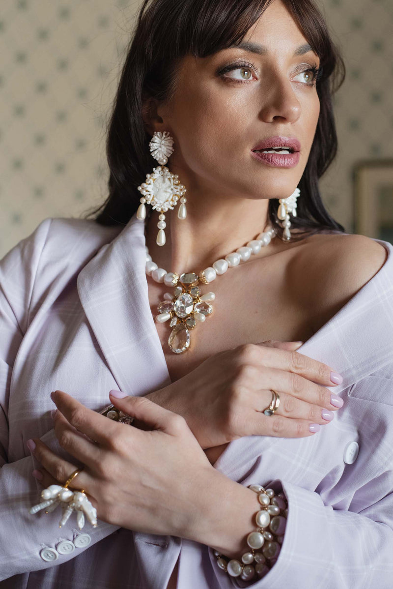 Luxury gold‑plated white pearl Statement earrings with high‑precision Austrian pearls — perfect for weddings, evening events, bridal elegance, and refined classic old‑money style; handcrafted one‑of‑a‑kind jewelry by SILDARE Jewelry