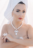 Luxury white pearl gold‑plated statement necklace with Austrian crystals and pearls — perfect for weddings, evening events, bridal elegance, and refined classic old‑money style; handcrafted one‑of‑a‑kind jewelry by SILDARE Jewelry