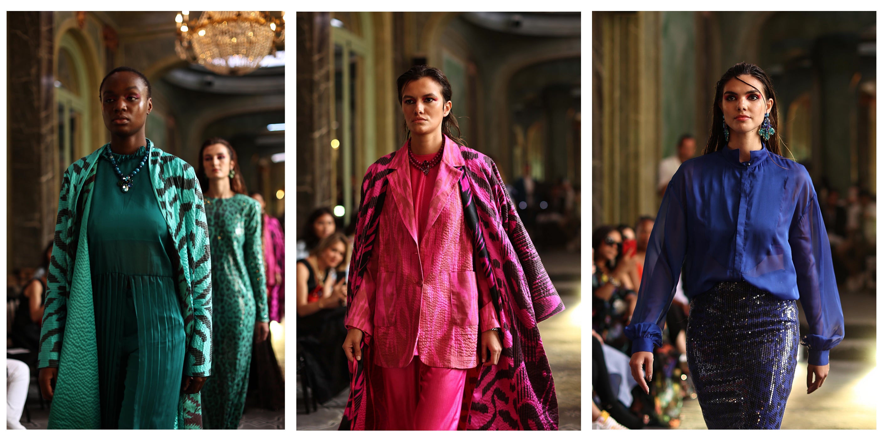 SILDARE Jewelry and ANOR couture collaboration at Paris Fashion Week, featuring models on the runway in Uzbek haute couture designs