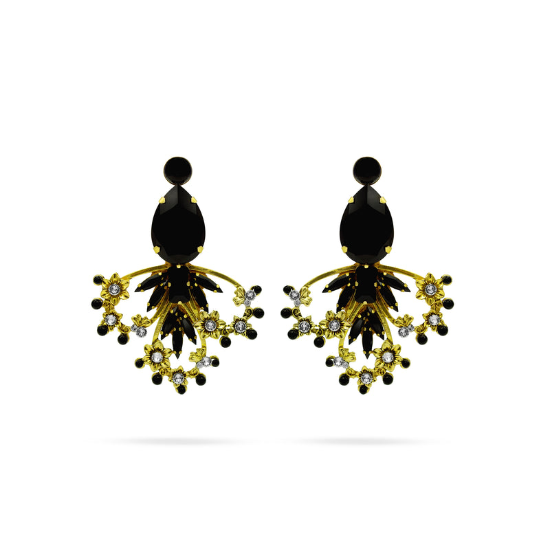 Luxury gold‑tone black crystal and pearl statement earrings with high‑precision Austrian crystals — bold contrast, deep tones, quiet elegance, refined feminine strength; perfect for weddings, evening events, party outfits, and elevated night‑out looks; handcrafted one‑of‑a‑kind jewelry by SILDARE Jewelry