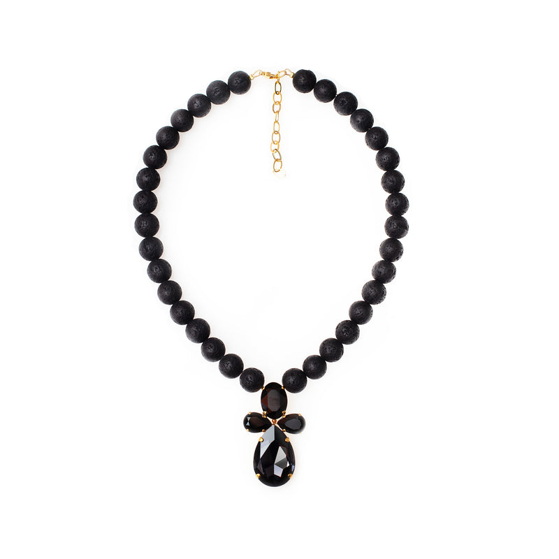 Luxury 24‑carat gold‑plated black lava gemstone statement necklace with high‑precision Austrian crystals — bold contrast, deep tones, quiet elegance, refined feminine strength; perfect for weddings, evening events, party outfits, and elevated night‑out looks; handcrafted one‑of‑a‑kind jewelry by SILDARE Jewelry