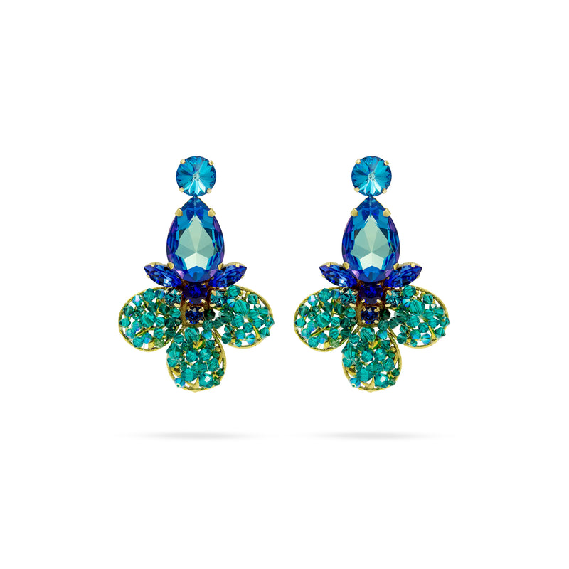 Luxury 24‑carat gold‑plated blue and green crystal statement earrings with high‑precision Austrian crystals — bold contrast, deep tones, quiet elegance, refined feminine strength; perfect for weddings, evening events, party outfits, and elevated night‑out looks; handcrafted one‑of‑a‑kind jewelry by SILDARE Jewelry