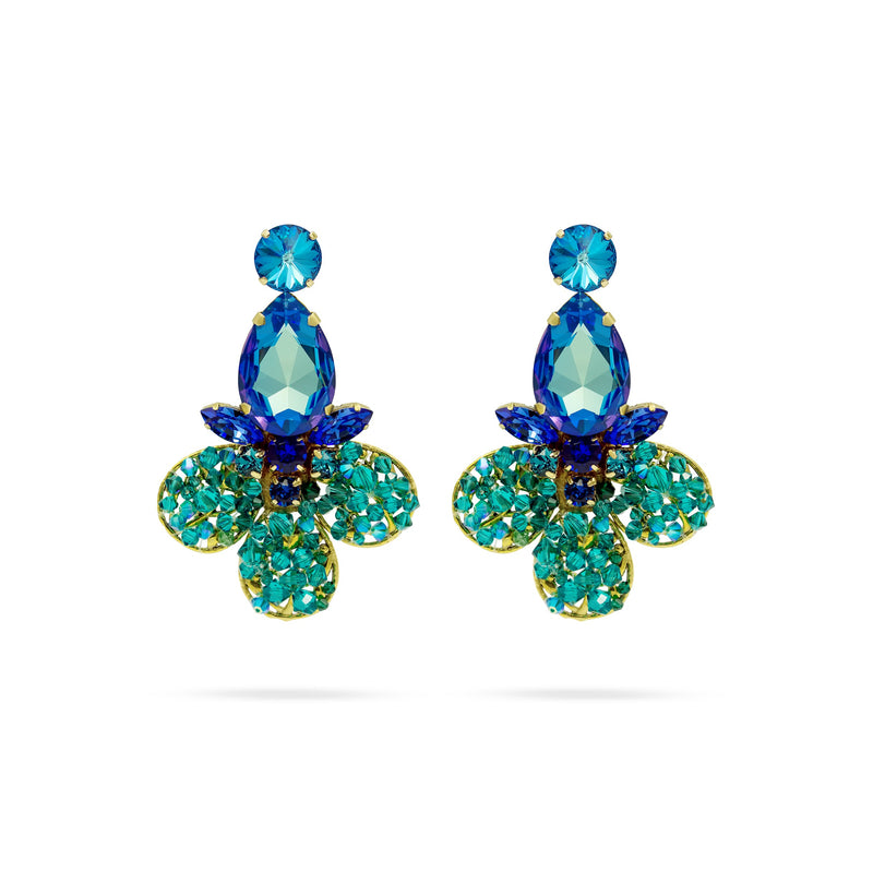 Luxury 24‑carat gold‑plated blue and green crystal statement earrings with high‑precision Austrian crystals — bold contrast, deep tones, quiet elegance, refined feminine strength; perfect for weddings, evening events, party outfits, and elevated night‑out looks; handcrafted one‑of‑a‑kind jewelry by SILDARE Jewelry