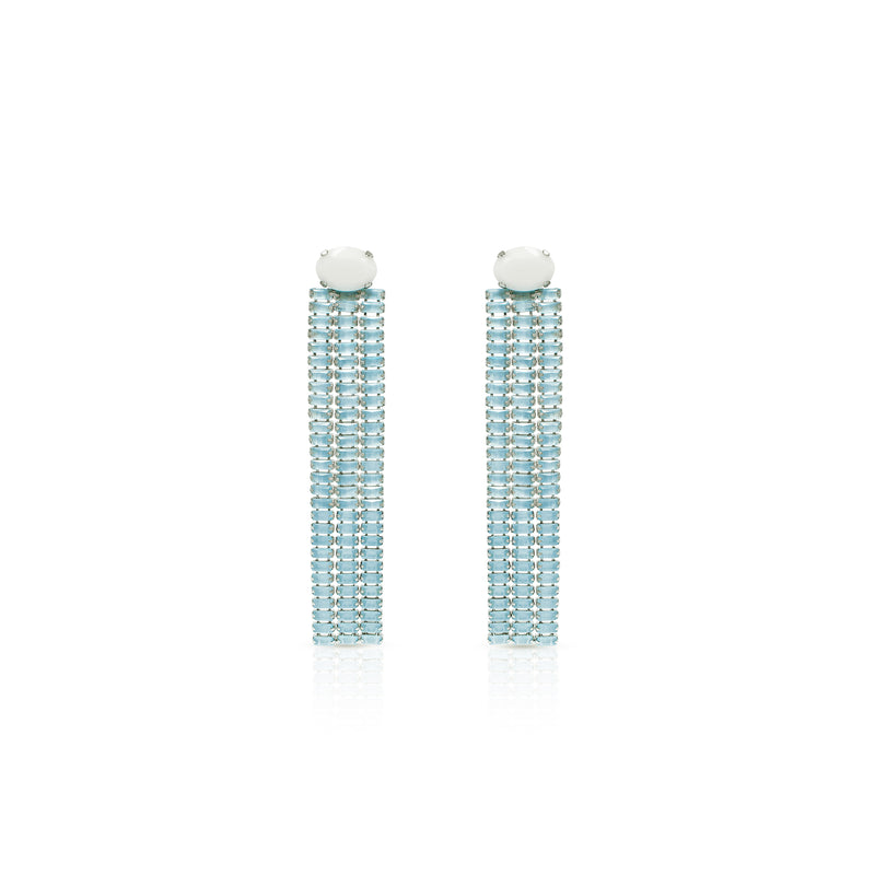 Luxury light blue tiffany color rhodium‑plated silver statement earrings with high‑precision Austrian crystals — minimalist architectural design, long sculptural silhouette; handcrafted one‑of‑a‑kind jewelry by SILDARE Jewelry
