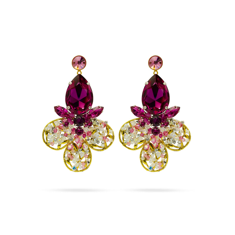 Luxury 24‑carat gold‑plated fuchsia crystal statement earrings with high‑precision Austrian crystals — bold contrast, vibrant tones, quiet elegance, refined feminine strength; perfect for weddings, evening events, party outfits, and elevated night‑out looks; handcrafted one‑of‑a‑kind jewelry by SILDARE Jewelry