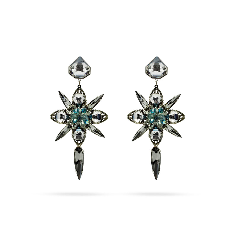 Luxury silver‑plated gray and green crystal statement earrings with high‑precision Austrian crystals — bold contrast, smoky tones, quiet elegance, refined feminine strength; perfect for weddings, evening events, party outfits, and elevated night‑out looks; handcrafted one‑of‑a‑kind jewelry by SILDARE Jewelry