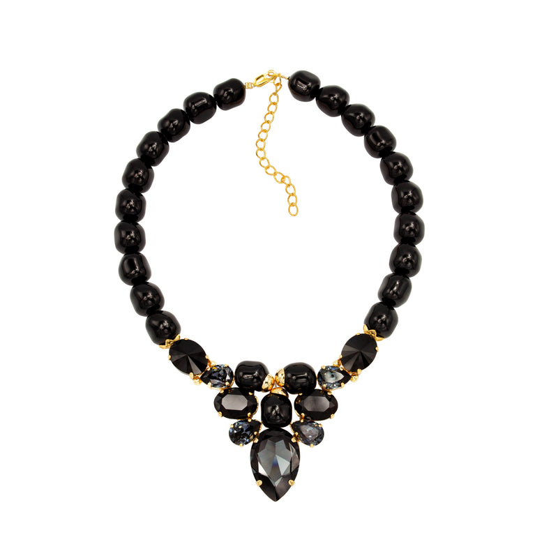 Luxury 24‑carat gold‑plated black crystal and pearl statement necklace with high‑precision Austrian crystals — bold contrast, deep black tones, quiet elegance, refined feminine strength; perfect for weddings, evening events, party outfits, and elevated night‑out looks; handcrafted one‑of‑a‑kind jewelry by SILDARE Jewelry
