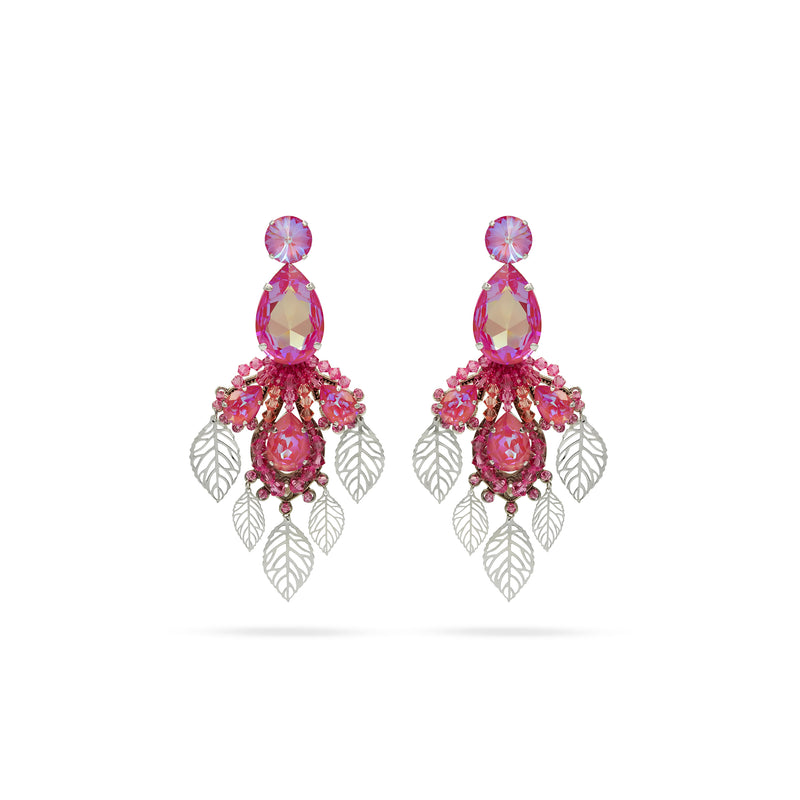 Luxury silver‑plated pink statement earrings with high‑precision Austrian crystals — perfect for weddings, evening events, artistic elegance, and refined classic old‑money style; handcrafted one‑of‑a‑kind jewelry by SILDARE Jewelry