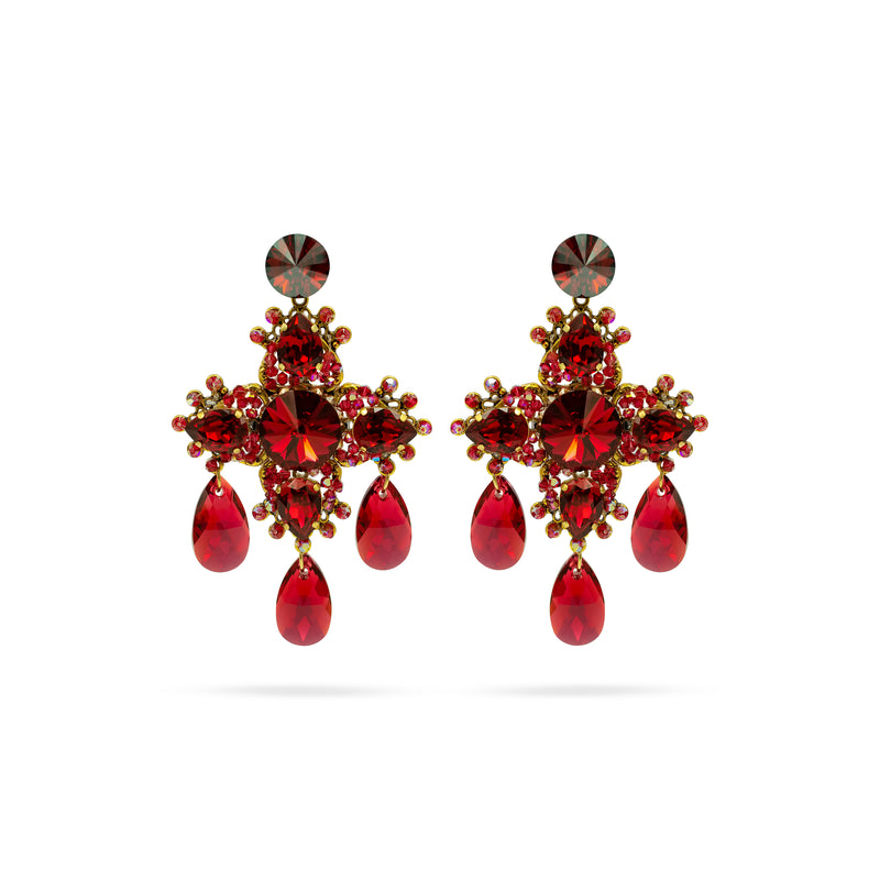Luxury 24‑carat gold‑plated red crystal statement earrings with high‑precision Austrian crystals — bold contrast, vibrant tones, quiet elegance, refined feminine strength; perfect for weddings, evening events, party outfits, and elevated night‑out looks; handcrafted one‑of‑a‑kind jewelry by SILDARE Jewelry