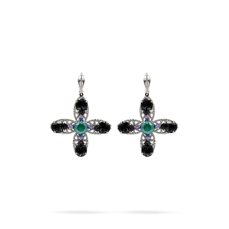 Luxury silver‑plated blue‑green crystal cross earrings with high‑precision Austrian crystals — bold contrast, deep tones, quiet elegance, refined feminine strength; perfect for weddings, evening events, party outfits, and elevated night‑out looks; handcrafted one‑of‑a‑kind jewelry by SILDARE Jewelry