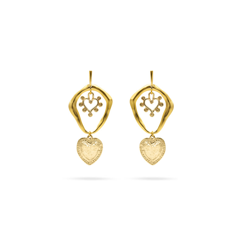 A pair of gold drop earrings with an abstract openwork top section featuring a small heart motif and a dangling heart-shaped charm below, shown on a plain white background.