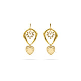 A pair of gold drop earrings with an abstract openwork top section featuring a small heart motif and a dangling heart-shaped charm below, shown on a plain white background.