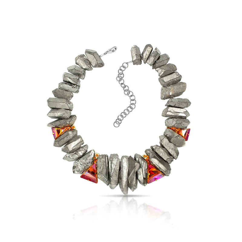 Luxury Gray sterling‑silver gemstone statement necklace with high‑precision Austrian crystals and natural rock crystal gemstone — perfect for weddings, evening events, bridal elegance, and refined classic old‑money style; handcrafted one‑of‑a‑kind jewelry by SILDARE Jewelry