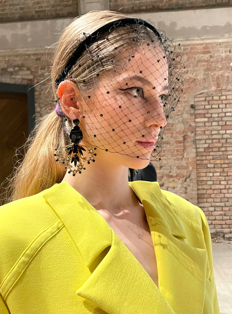Luxury gold‑tone black crystal and pearl statement earrings with high‑precision Austrian crystals — bold contrast, deep tones, quiet elegance, refined feminine strength; perfect for weddings, evening events, party outfits, and elevated night‑out looks; handcrafted one‑of‑a‑kind jewelry by SILDARE Jewelry