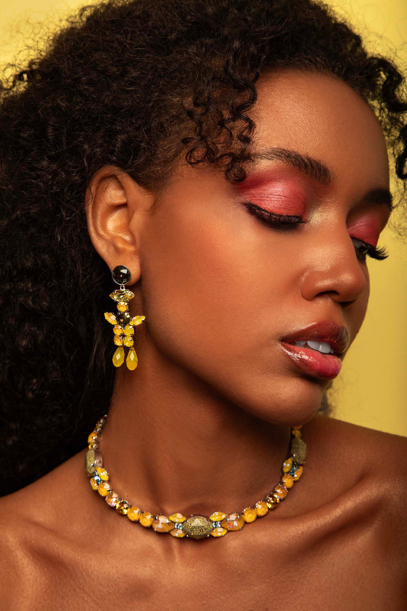 Luxury silver‑plated yellow drop earrings with high‑precision Austrian crystals — perfect for weddings, evening events, artistic elegance, and refined classic old‑money style; handcrafted one‑of‑a‑kind jewelry by SILDARE Jewelry