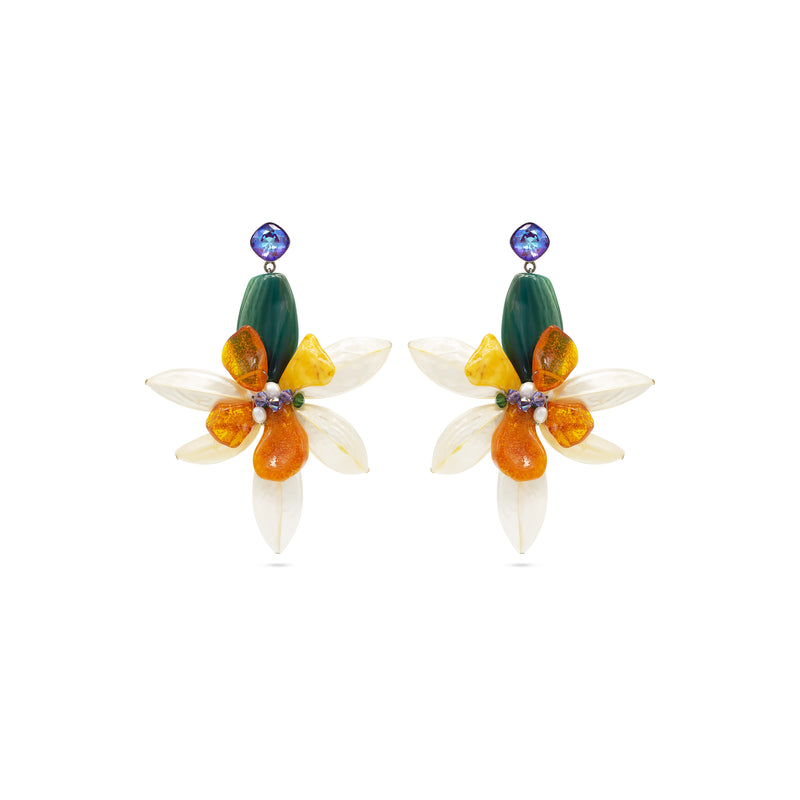 SILDARE Jewelry agate shell, amber, and Austrian crystal silver‑flower statement earrings — luxury one‑of‑a‑kind fine women’s jewelry.