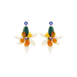 SILDARE Jewelry agate shell, amber, and Austrian crystal silver‑flower statement earrings — luxury one‑of‑a‑kind fine women’s jewelry.