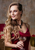 Luxury 24‑carat gold‑plated black lava gemstone statement necklace with high‑precision Austrian crystals — bold contrast, deep tones, quiet elegance, refined feminine strength; perfect for weddings, evening events, party outfits, and elevated night‑out looks; handcrafted one‑of‑a‑kind jewelry by SILDARE Jewelry