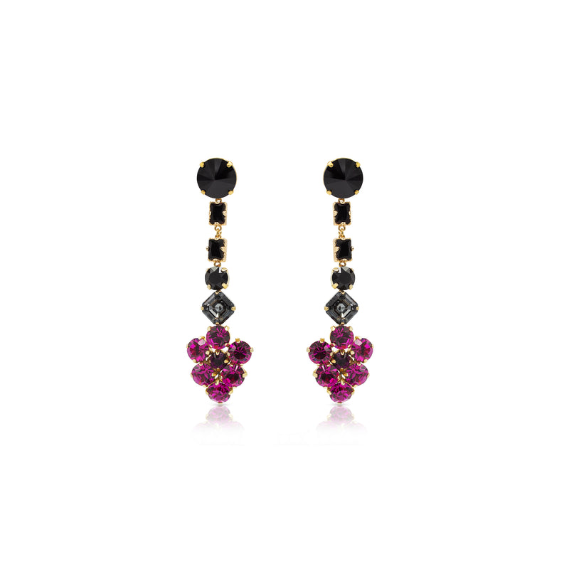 Luxury gold‑plated colorful crystal drop earrings with high‑precision Austrian crystals — bold contrast, refined femininity, and quiet elegance; handcrafted one‑of‑a‑kind jewelry by SILDARE Jewelry. Long flower floral earrings with black and pink crystals by Sildare Jewelry. Perfect for evening party summer outfit.