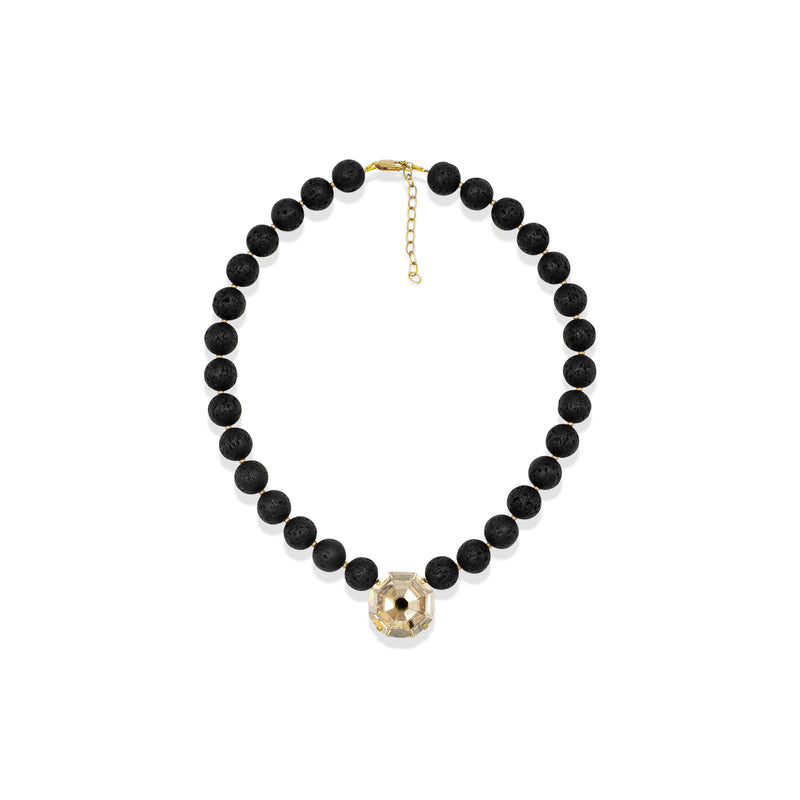 A black beaded necklace with a textured gold ball pendant and gold clasp, displayed on a clean white background.
