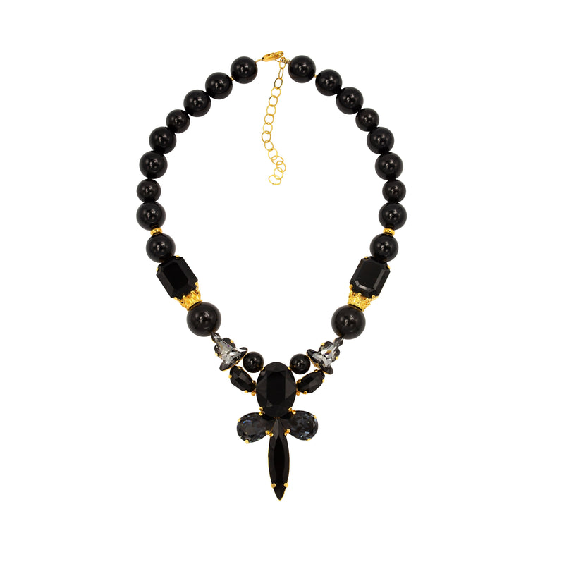 Luxury 24‑carat gold‑plated black crystal, pearl, and natural amethyst statement necklace with high‑precision Austrian crystals — bold contrast, deep tones, quiet elegance, refined feminine strength; perfect for weddings, evening events, party outfits, and elevated night‑out looks; handcrafted one‑of‑a‑kind jewelry by SILDARE Jewelry