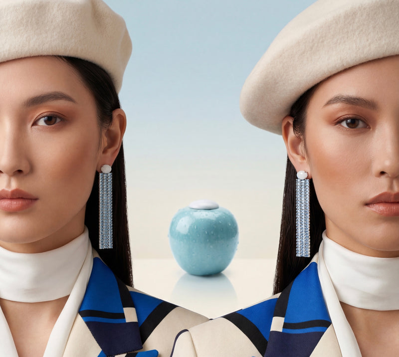 Luxury light blue tiffany color rhodium‑plated silver statement earrings with high‑precision Austrian crystals — minimalist architectural design, long sculptural silhouette; handcrafted one‑of‑a‑kind jewelry by SILDARE Jewelry