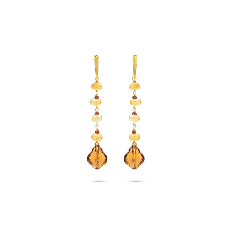 Yellow Golden Citrine gemstone, Garnet gemstone Swarovski crystals, gold plated earrings