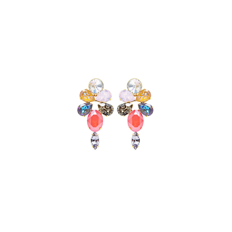 A pair of colorful crystal cluster earrings with dangling teardrop charms, featuring pink, blue, yellow, and clear rhinestones on a plain white background.