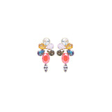 A pair of colorful crystal cluster earrings with dangling teardrop charms, featuring pink, blue, yellow, and clear rhinestones on a plain white background.