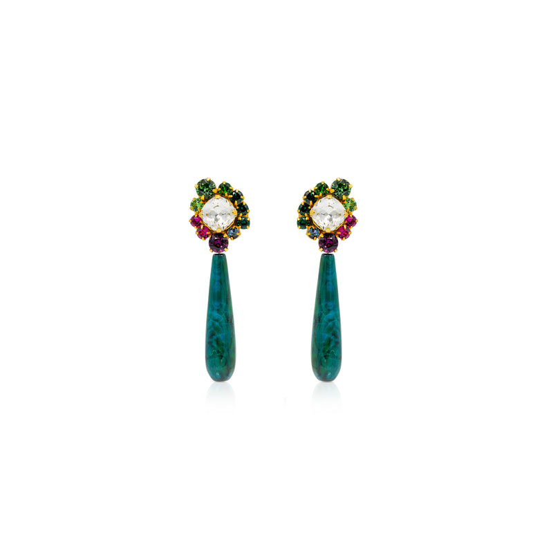 Colorful crystal drop earrings handmade luxury jewelry Sildare. Emerald green fuchsia colorful Natural  agate gemstone gold plated fashion street style everiday earrings by Sildare jewelry