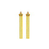 A pair of gold-toned dangle earrings with a small green and clear stone crown detail at the top, hanging from five strands of small clear stones, shown on a plain white background.