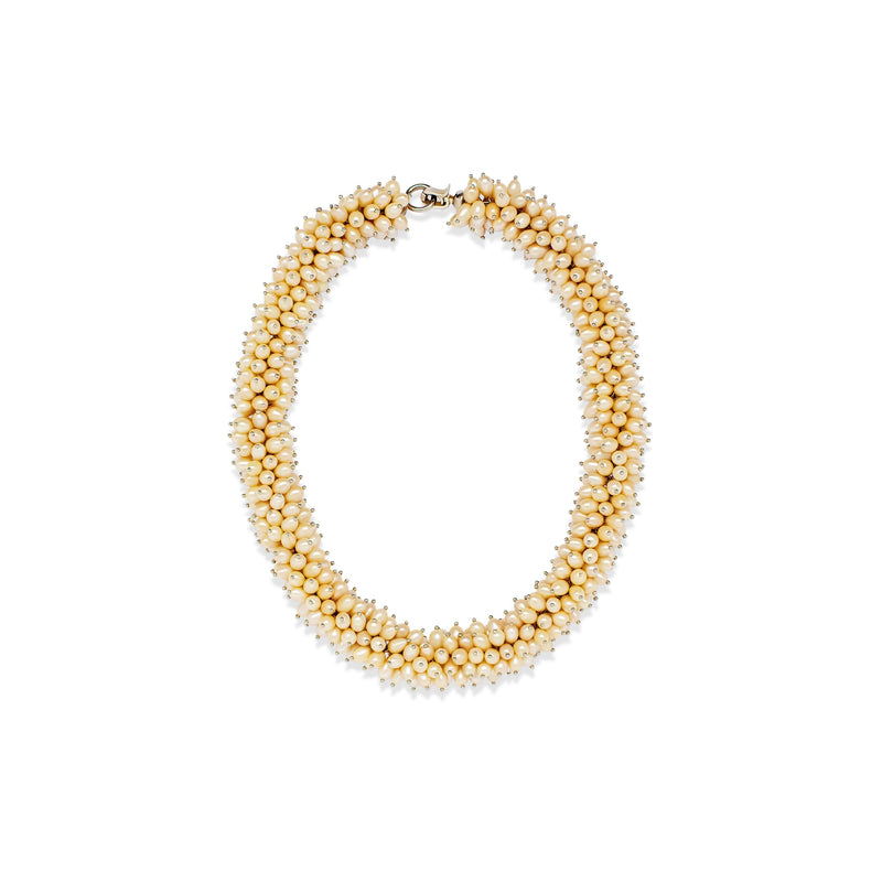 Luxury silver baroque pearl HÉRITAGE necklace with soft sculptural contours and luminous cream‑toned pearls — quiet radiance, modern artistic elegance, intimate poetic presence; perfect for refined occasions, evening looks, gallery events, and elevated daytime style; handcrafted one‑of‑a‑kind jewelry by SILDARE Jewelry