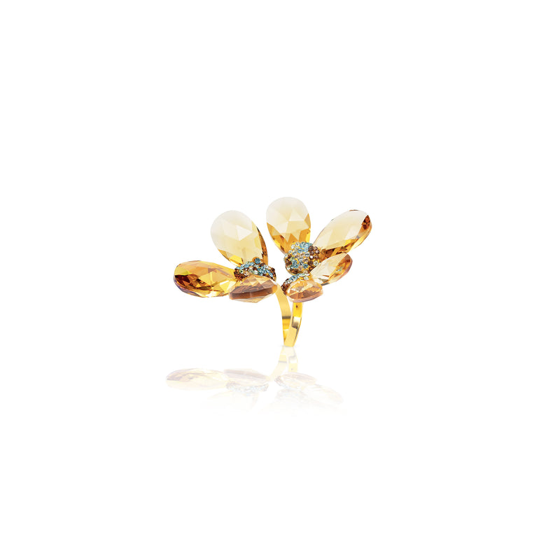 Luxury floral beige gold color topaz gold‑plated sterling silver 925 crystal statement ring — perfect for weddings, evening events, bridal elegance, and refined classic old‑money style; handcrafted one‑of‑a‑kind jewelry by SILDARE Jewelry