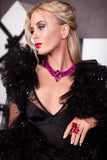 Luxury silver‑tone fuchsia crystal statement necklace with high‑precision Austrian crystals and natural stone composite — bold contrast, vibrant tones, quiet elegance, refined feminine strength; perfect for weddings, evening events, party outfits, and elevated night‑out looks; handcrafted one‑of‑a‑kind jewelry by SILDARE Jewelry