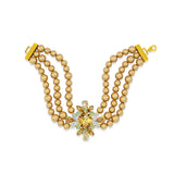 A double-strand pearl necklace with a gold plated central floral starburst charm featuring a large yellow gemstone and small clear crystals, shown on a plain white background.