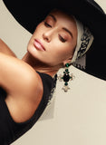 Luxury gold‑plated black, emerald green, white crystal statement earrings with high‑precision Austrian crystals — bold contrast, deep tones, quiet elegance, and refined feminine strength; handcrafted one‑of‑a‑kind jewelry by SILDARE Jewelry . Perfect for wedding, party evening outfit.