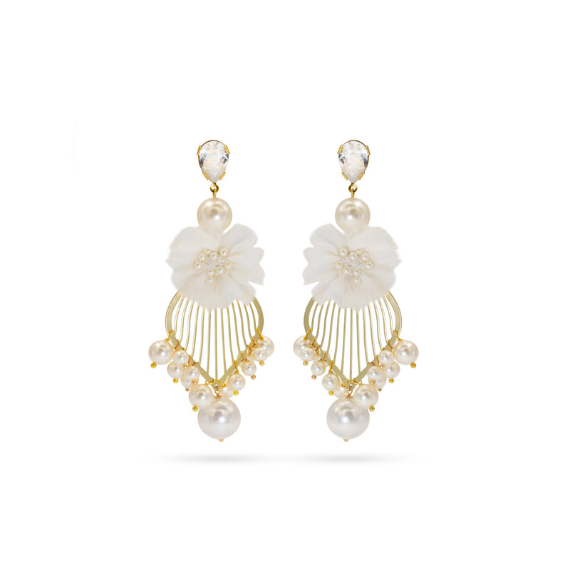 Luxury gold‑plated white pearl earrings with high‑precision Austrian crystals, pearls, and natural silk — perfect for weddings, evening events, bridal elegance, and refined classic old‑money style; handcrafted one‑of‑a‑kind jewelry by SILDARE Jewelry