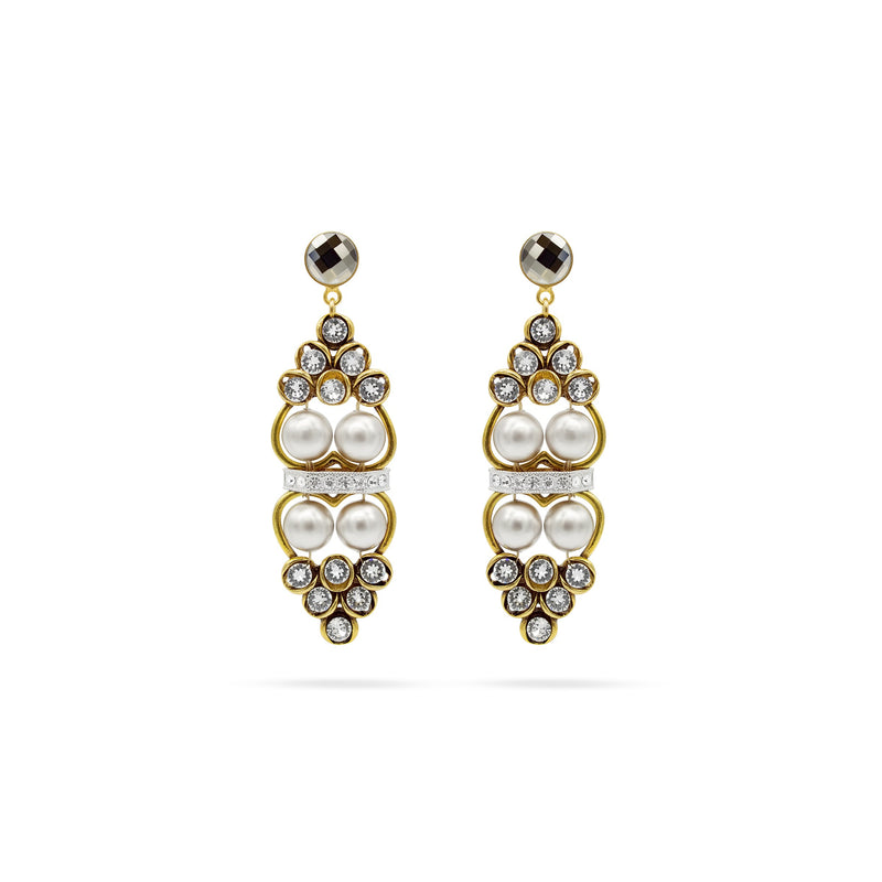 Luxury gold‑ and silver‑tone pearl crystal statement earrings with high‑precision Austrian crystals and pearls — perfect for weddings, evening events, bridal elegance, and refined classic old‑money style; handcrafted one‑of‑a‑kind jewelry by SILDARE Jewelry