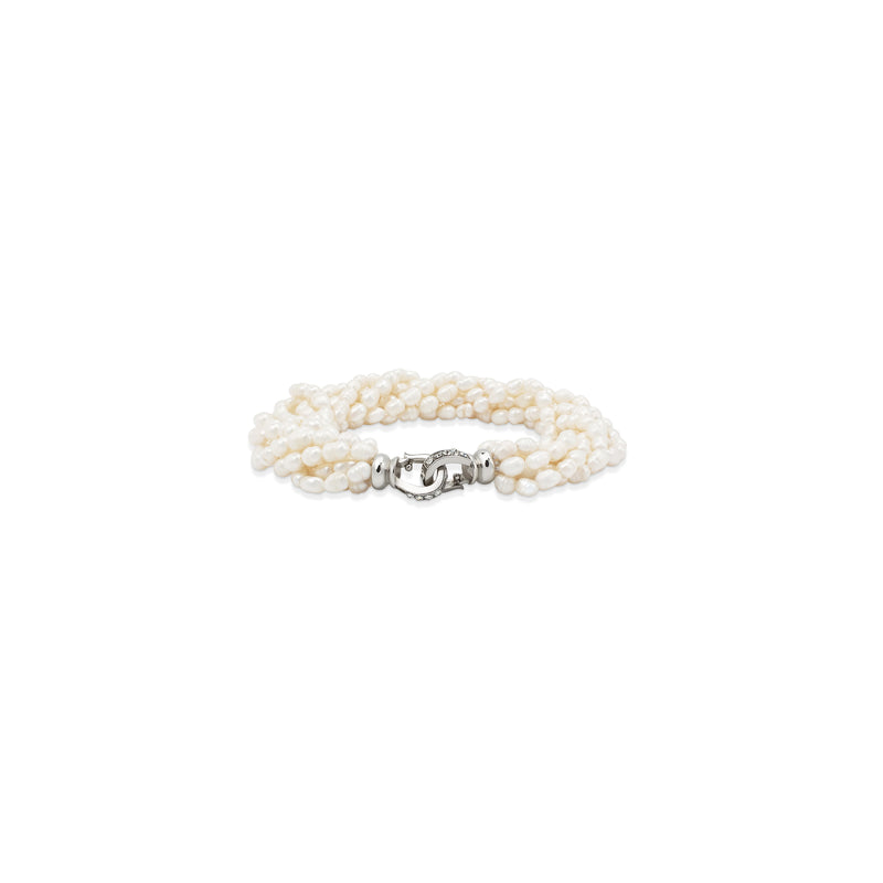 A multi-strand pearl bracelet with a polished silver lobster clasp, displayed on a clean white background.